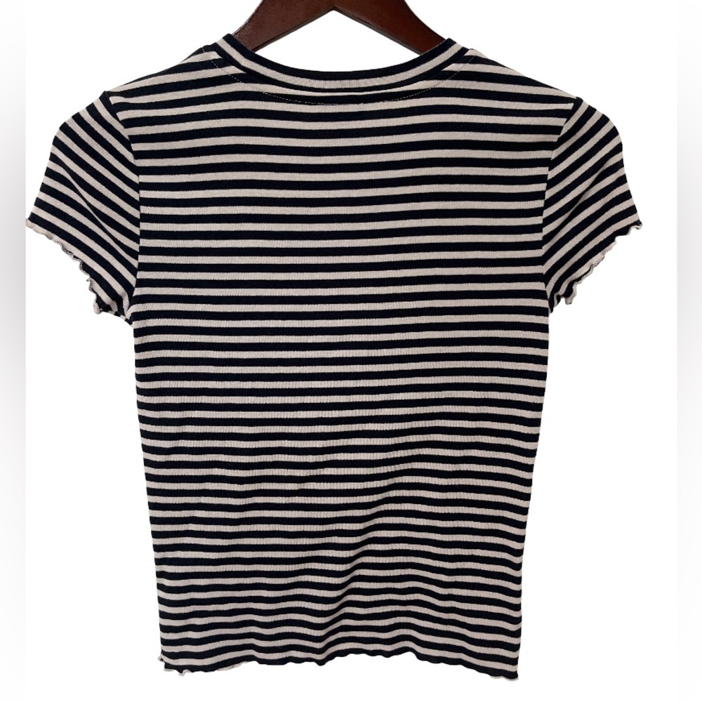 Splendid Women’s Small Navy White Striped Ruffle Hem Short Sleeve Tee - Picture 2 of 6
